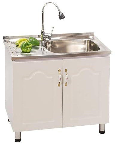 GOKEUEKDY Stainless Steel Commercial Sink with Faucet, Freestanding Utility Sink with Cupboard, Workbench and Drainer Unit, for Indoor Outdoor, Restaurant
