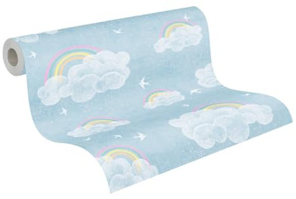 A.S. Création Kinderzimmer-Tapete Lilly & Luis - Strapazierfähige Vliestapete in Wolken-Optik - 10,05 m x 0,53 m - Blau, Bunt, Weiß - Made in Germany – 771441