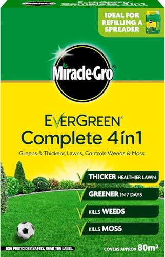 Miracle Gro Complete 4 in 1 Lawn Feed Weed & Moss Killer 2.8kg | Greener Grass in 7 Days | Kills Moss & Broadleaf Weeds | Thicker Lawn Treatment | Granular Fertilizer & Moss Remover - Covers 80m²