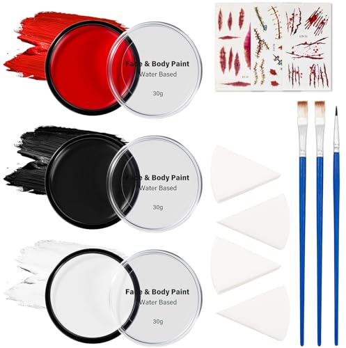 KooingTech Trucco teatrale, 3 x 30 g, trucco per Halloween, trucco con pennelli, spugne, cicatrici, adesivi per trucco, carnevale, Halloween, feste (nero, rosso, bianco)