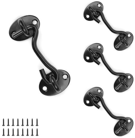 CHSEROK 4 Pezzi 75mm Gancio Chiusura Porta, Set di Porta, Chiavistello con Gancio di Bloccaggio e Occhielli con Viti per Bloccare Finestre, Gancio A Serratura Porte in Legno Garage (Nero)