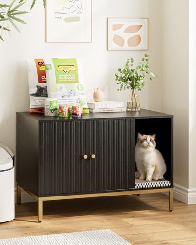 Apetaccat Katzenklo Schrank, Katzenkloschrank mit Doppeltüren, Katzenhaus mit Kratzmatte, hohe Beine, für Katzentoilette, Beistelltisch, 80x50x55 cm, schwarz,Senkrechte Streifen