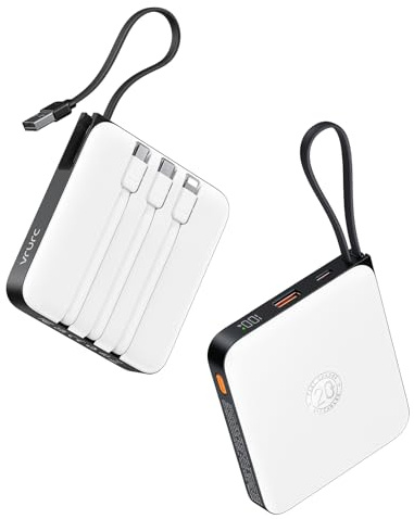 VRURC Power Bank Cavi Incorporati, 20000mAh 22,5W Batteria USB C a Ricarica Rapida, Caricabatteria per Telefono e Display LED, Bianco