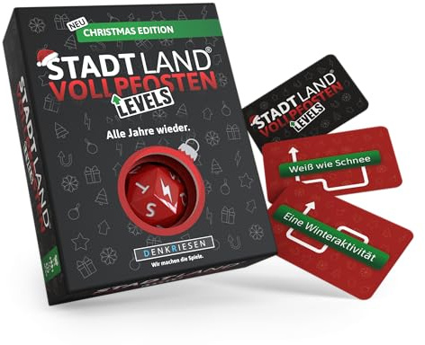 DENKRIESEN - Stadt Land Vollpfosten® Levels „Christmas Edition“ | ab 12 Jahren - ab 2 Spieler | Weihnachtsspiel für Familien | Stadt Land Fluss Reiseformat | Gesellschaftsspiel | Xmas Spiele