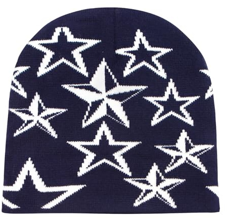 YAMEIZE Cappellino alla moda Y2K con motivo a stella - Cappelli lavorati a maglia per donne e uomini, cappellino morbido con elastico, cappello slouchy invernale, cappellino da esterno, blu navy