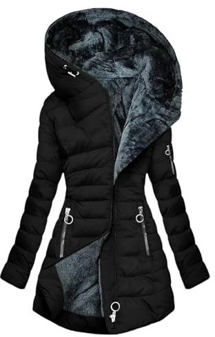 Generisch Winterjacke Damen Lange Steppjacke Wintermantel Warm Gefüttert Damenmantel Langarm Steppmantel Winter Puffer Jacke mit Kapuze Winterparka Fleece Mäntel Reißverschluss Große Größen
