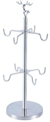 YWJLQH Kaffeetassenhalter mit Stabilem Standfuß Und 8 Haken Metall Tassenbaum für Becher Organizer für Tassen für Küche Kaffeebar Essbereich, Silber