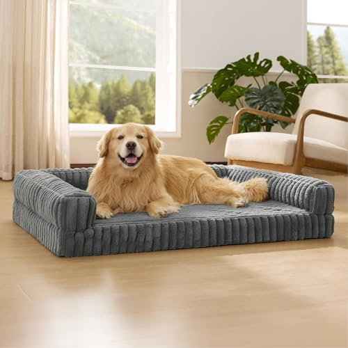 BEDSURE orthopädisches Hundebett Grosse Hunde - 122x89x20cm | wasserdichtes Hundesofa mit Memory-Schaum & Eierkarton-Schaum, waschbarer und abnehmbarer Cordbezug Hundecouch, grau
