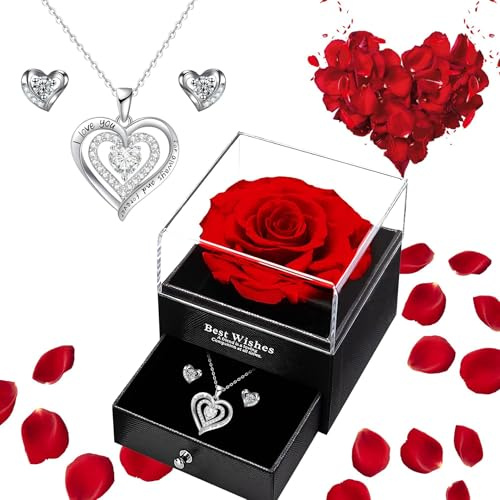 Ruiaqer Evig ros presentförpackning för kvinnor, evig ros med 925 silver, halsband, örhängen, smycken, födelsedagspresent, dam, evig gåva, par, mamma, alla hjärtans dag, mors dag, Medium