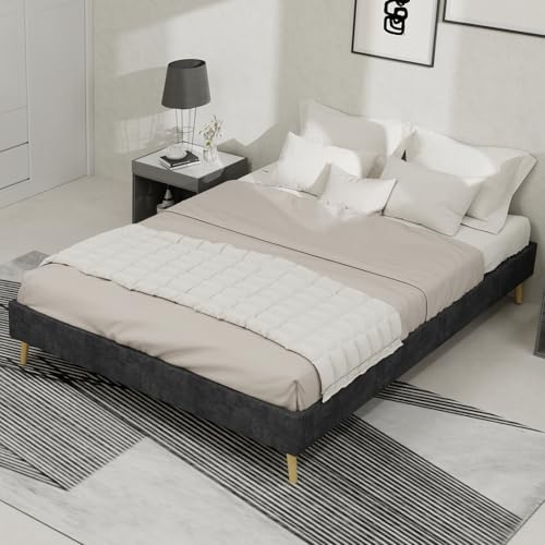 HaoChrymec Letto Moderno Minimalista in Tessuto Vellutato Olandese, Base Bassa Non Contenitore, Cornice Letto Salvaspazio, Design Camera da Letto Moderno, Grigio, 140.0x200.0 cm