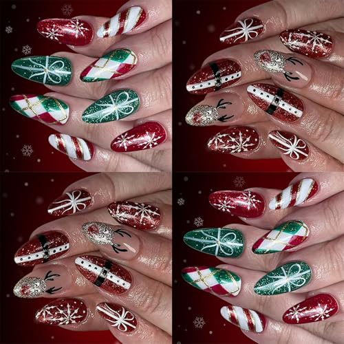 Lot de 48 faux ongles à paillettes de Noël - Rouge et vert - Pour fêtes de fin d'année, Noël