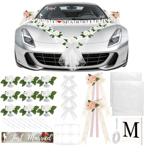 JelyArt Hochzeit Autoschmuck (4 Autoschleifen für Griffe + 2 Hochzeit Autoschleifen + 2x180cm Seidenblumen Girlande mit 9 Rosen + Just Married Aufkleber & Wimpelkette) – Autoschmuck Hochzeit