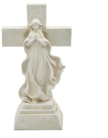 SiSinkal 24 cm solljus bön Jungfru Maria staty med krucifix för trädgård uteplats kyrkogård utomhusdekor vit hartsfigur