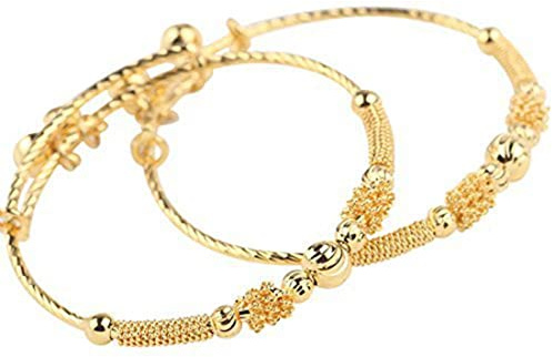 loyoe jewelry 24K Gold Plated Baby Girl Bracelets with Bells, 2-Pack Adjustable Toddler Bangle Jewelry Set, Safe Jingle Bell Charm for Infant Girls Boys Age 2-4 5-8, CPC Certified