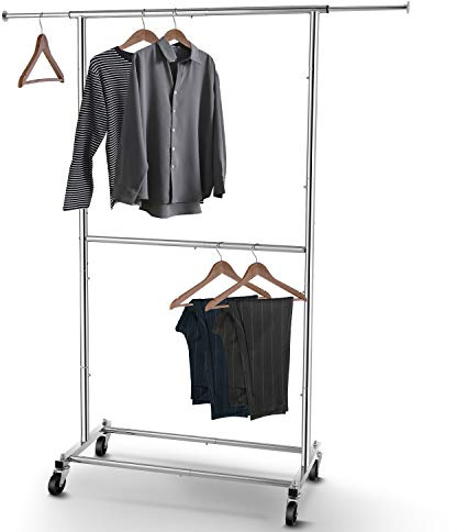 Simple Trending Double Rod Clothing Garment Rack, Rolling Clothes Organizer on Wheels for Hanging Clothes, Chrome