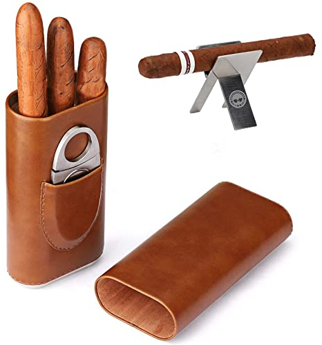 M TIME C CLUB 3 Stück Satz von 3 braunen Leder Zigarrenkiste Zedernholz Auskleidung Zigarren Humidor Edelstahl zusammenklappbar Zigarrenhalter Silber Edelstahl Zigarrenschneider