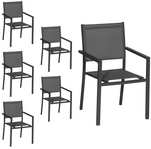 Happy Garden Lot de 6 chaises empilables en Aluminium Anthracite et textilène Gris