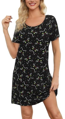 ENJOYNIGHT Camicia da notte in cotone a maniche corte da donna, abbigliamento da notte con stampa casual, multicolore, motivo gatto, XXL