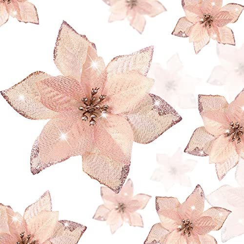 WILLBOND Fleurs de Poinsettia de Paillettes de Noël Fleurs Artificielles de Paillettes de Mariage Ornements de Spain de Noël du Nouvel an (Or Rose, 24)
