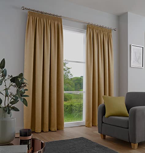 Fusion - Ochre Curtains W46 x L54 (117 x 137cm) - 100% Cotton - 2x Panels - Pencil Pleat Curtains in Ochre - Soundproof Curtains & Thermal Curtains for Bedroom - Yellow Pleated Curtains & Drapes
