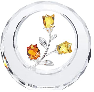 LONGWIN Crystal Tulips Flower Figurines with a Outer Circular Ring, Glass Spring Bouquet Home Decor Paperweight Ornaments Yellow