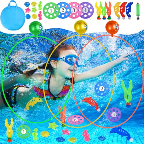 faburo 23pcs Jouets de Plongée, Jeux de Piscine pour Enfant, Jouets de Plongée pour Piscine d'été pour Enfant inclure Anneaux de Plongée, Soucoupe de Plongée, Diamant de Plongée, Dauphin, Algues etc