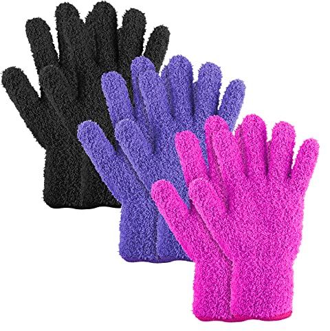 WLLHYF 3 Pairs Microfiber Dusting Gloves Washable Cleaning Gloves Reusable Mittens for House Kitchen Plants Cleaning Car Blinds Lamps (Rose red, Purple, Black)
