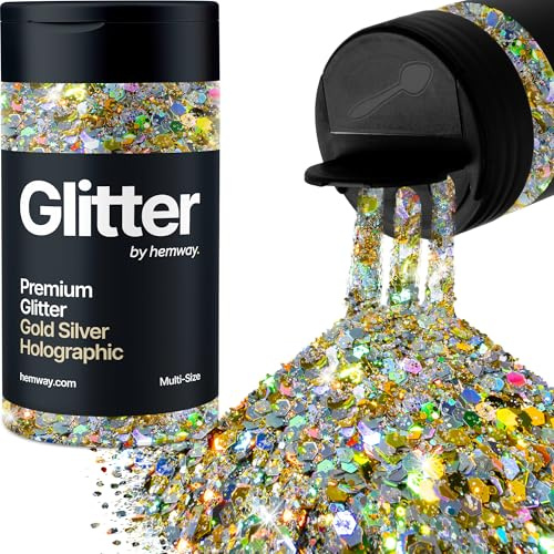 Hemway Gold Silber Holographisch 5 Größe Glitzer Mischen 120g/4.2oz Fein Grob Metallisch Harz Handwerk Multi-Größe Glitzer Paillette Shaker für Epoxid, Haare Gesicht Körper Auge Nagel Kunst Festival
