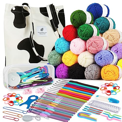 Coopay Häkelnadel Set mit 30 Wolle zum Häkeln, Häkelset für Anfänger Erwachsene Kinder, Tragbar Häkelnadelsets mit Ergonomisch Häkelnadeln, Häkelgarn, Zubehör und Canvas Tasche, Häkel Set Geschenk