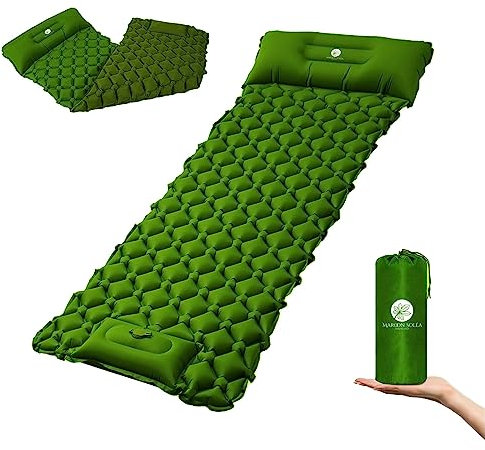 Camping Isomatte Schlafmatte mit Fußpresse Pumpe,Ultraleichte Luftmatratze mit Kopfkissen,wasserdichte kompakte Isomatte für Outdoor,Wandern,Backpacking,Camping,Strand (Grün)
