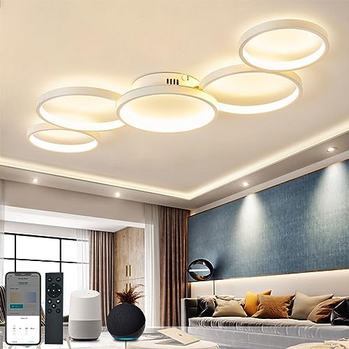 BAYHT Smart LED Deckenlampe Kompatibel Mit Alexa App Google Home 50W 6000LM Runde Weiß Dimmbar Mit Fernbedienung, 3000K-6500K Deckenleuchte Für Schlafzimmer Wohnzimmer 100CM