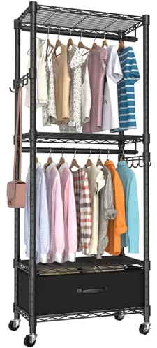 VyGrow Kleiderständer, Kleiderständer, 4 Etagen, verstellbares Schrank-Organizer-System mit Schublade | Doppelstangen | Seitenhaken | Laden Sie 445 Pfund