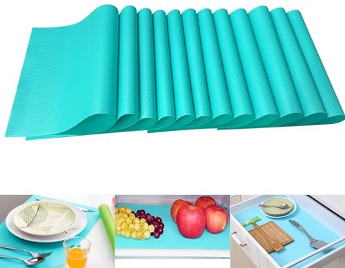 Friendjia 12 Piezas Alfombrilla para Frigorífico, Inserto para Frigorífico, Inserto para Cajón, Impermeable, Antideslizante, Repelente de Suciedad y Antibacteriano, Cortable y Lavable(Azul)