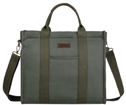 VASCHY Bolso Tote Mujer de Lona 13 L con Cremallera, 35,5 x 33 x 11 cm, Shopper con Bandolera Desmontable para Diario, Ciudad y Universidad, Verde