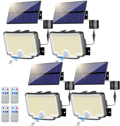 nipify 4 lámparas solares para exteriores con detector de movimiento, 310 LED superbrillantes, 3 modos, lámpara solar exterior con iluminación gran angular de 270°, IP65, resistente al agua, lámpara
