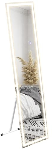 HOMCOM Ganzkörperspiegel, 40 x 150 cm Standspiegel, Wandspiegel mit LED-Leuchte, Lichtspiegel mit 3 Lichtfarbe, Touch-Schlater, für Wohnzimmer, Schlafzimmer, Weiß