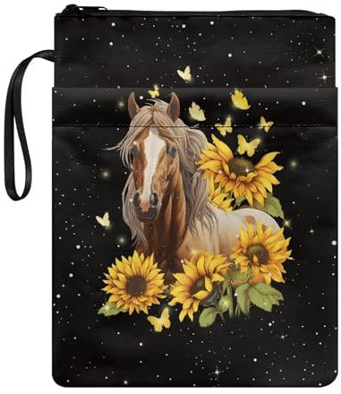 Poceacles Buchhülle mit Pferde-Sonnenblumen-Muster, mit Reißverschluss, Buchumschläge für Taschenbücher, Buchschutz, Buchtasche für Buchliebhaber, Geschenke, 22 x 29 cm