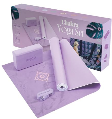 Myga Yoga Starter Kit | Komplettes Set mit Yogamatte, Yogablock & Gurt | rutschfest & Unterstützend | Ideal für Anfänger & Zuhause sowie Reisen | Unterschiedliche Druck Designs