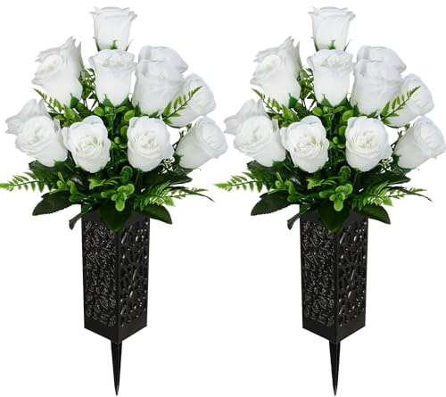 Kukooka Künstliche Friedhofsblumen, Grab-Gedenkblumen, 2 Stück Künstlicher Rosenstrauß mit Vase für Friedhof Grabsteine Grabstätten Dekoration (Weiß)