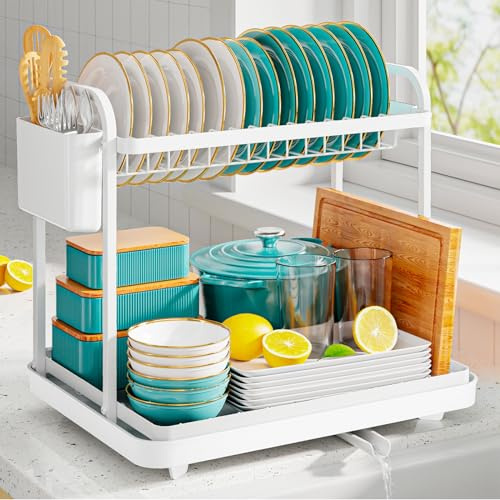 Kitsure Space-Saving Dish Drainer Rack, 2-Tier, Large, White | Dish Racks for Kitchen Counter, Stainless Steel Kitchen Drying Rack with a Cutlery Holder, Dish Drying Rack