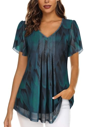 Plus Size Short Sleeve Tunic Tops for Women, Ladies Summer Tops and Blouses Short Sleeve Casual Tunic Tops for Leggings Women Flowy Loose Fit Mesh Layered t Shirt for Work Dressy Tops for Evening Wear