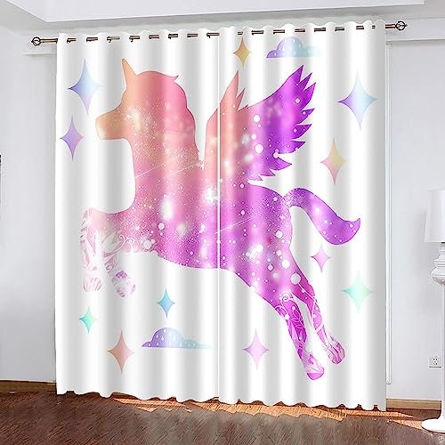Schattierung Vorhänge Buntes Karikatur-Einhorn 3D Druck 2Er Set Isolierung Schalldichte Kinder Gardinen Blickdicht Mit Ösen Vorhang Fenster Für Wohnzimmer Schlafzimmer Balkon 2 X 110 X 215-3V9M9Z0L1E