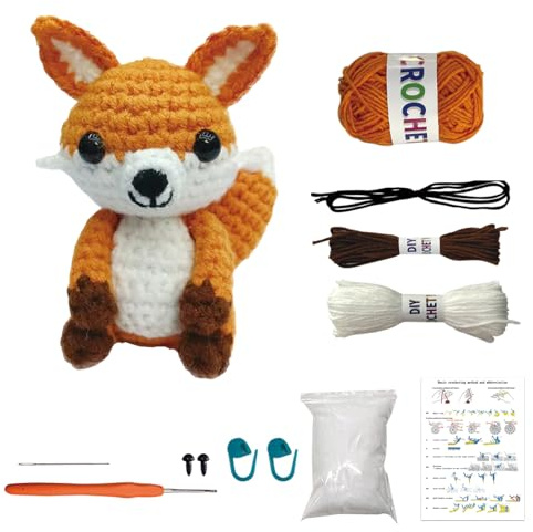 MJARTORIA Strickset Häkelset für Anfänger Tiere, Häckeln Stricken für Anfänger Set mit Anleitung, Kreativ Strickset Bastelset Erwachsene Kinder Geschenk(Braun Fuchs)
