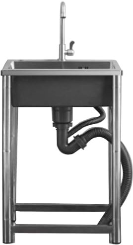 haiyusm Outdoor Stainless Steel Kitchen Sink Free Standing Utility Commercial Sink Single Bowl Catering Sink Unit Portable Hand Wash Basin for Laundry Bar Garage (50×40cm,A)