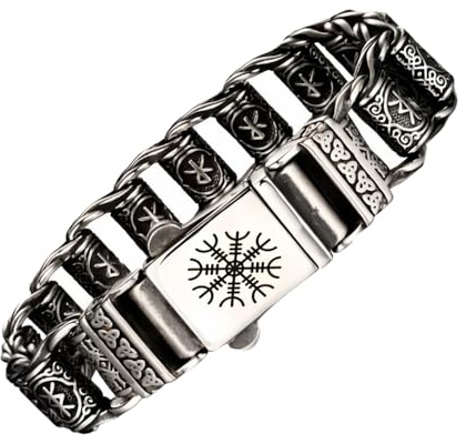 ForFox Pulsera vikinga punk ancha pulsera de eslabones de runas de acero inoxidable de titanio para hombre 20/22cm