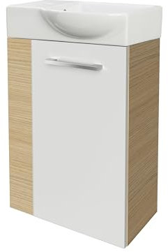 FACKELMANN B.Style Gäste-WC Set 2 Teile – Waschtischunterschrank in Weiß mit Holz Braun mit Waschbecken aus Keramik – SBC Waschbeckenunterschrank schmal – Tür rechts – Hahnloch Links – 45 cm breit
