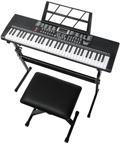 LALAHO Tragbare Keyboard Piano 61 Tasten für Anfänger, Digital Piano mit Keyboardständer, Klavierbank, Notenständer, Mikrofon, Kopfhörer, LED-Bildschirm, 3 Lernmodi