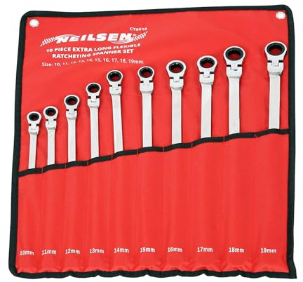 Neilsen CT6618 10-Piece Extra Long Flexible Ratcheting Spanner Set – Metric Combination Wrenches (10-19mm) with 72 Teeth (5° Opening Angle), Flexhead and Gear Ratchet, in Durable Pouch