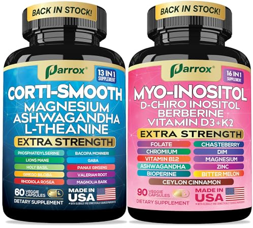 Parrox Cortisol & Myo-Inositol Supplement Bundle, Soothe & Smooth Bundle, 13-in-1 Cortisol Balance, Magnesium, Ashwagandha, L-Theanine, D-Chiro Inositol, Folate, Berberine, Chasteberry (150 Capsules)