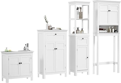 HOMCOM Conjunto de Baño Incluye 1 Columna de Baño 1 Mueble para Debajo del Lavabo 1 Armario Auxiliar y 1 Mueble sobre Inodoro con Estantes Ajustables Blanco